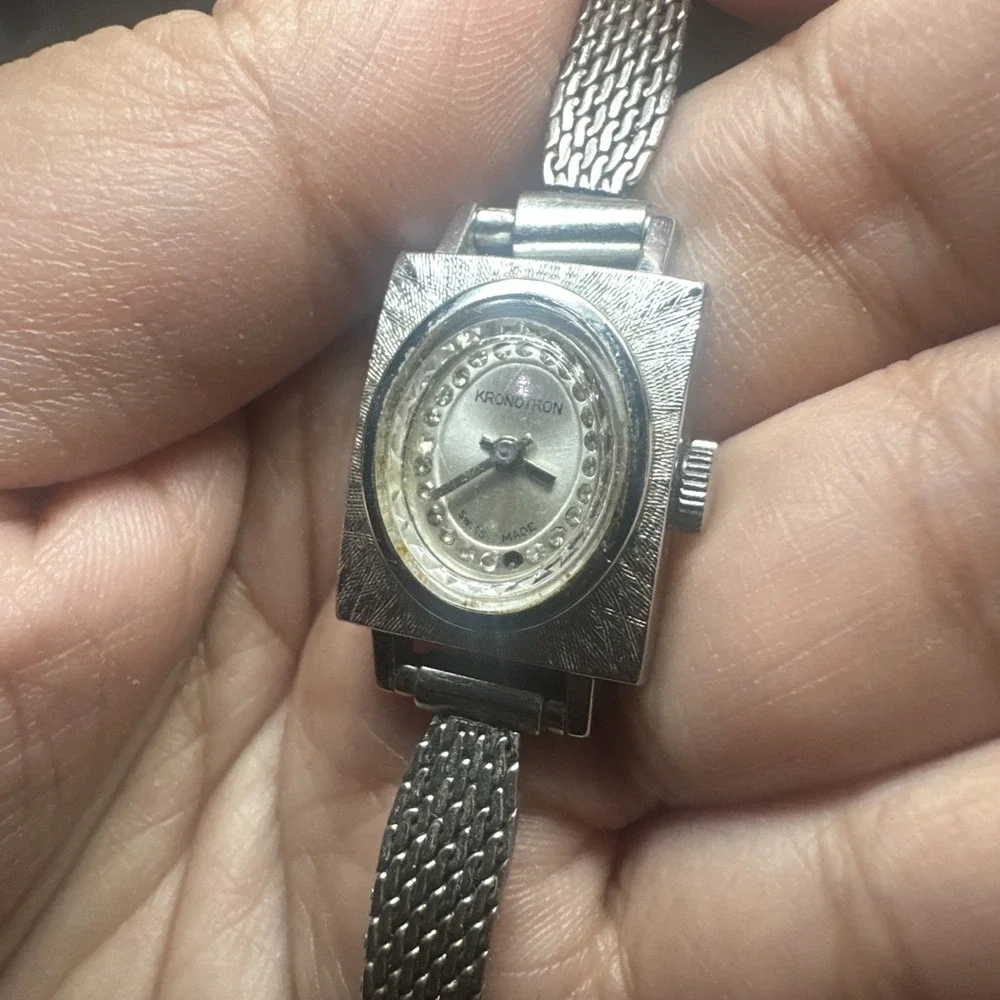 Working Vintage Kronotron Swiss Manual Wind Watch Women Silver Mesh 18mm Fit 6.5